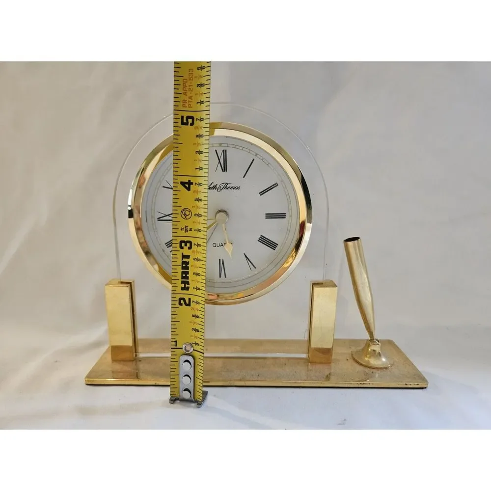 Vintage 1980s Seth Thomas Quartz‎ Brass Desk or Mantle Clock With Pen Holder